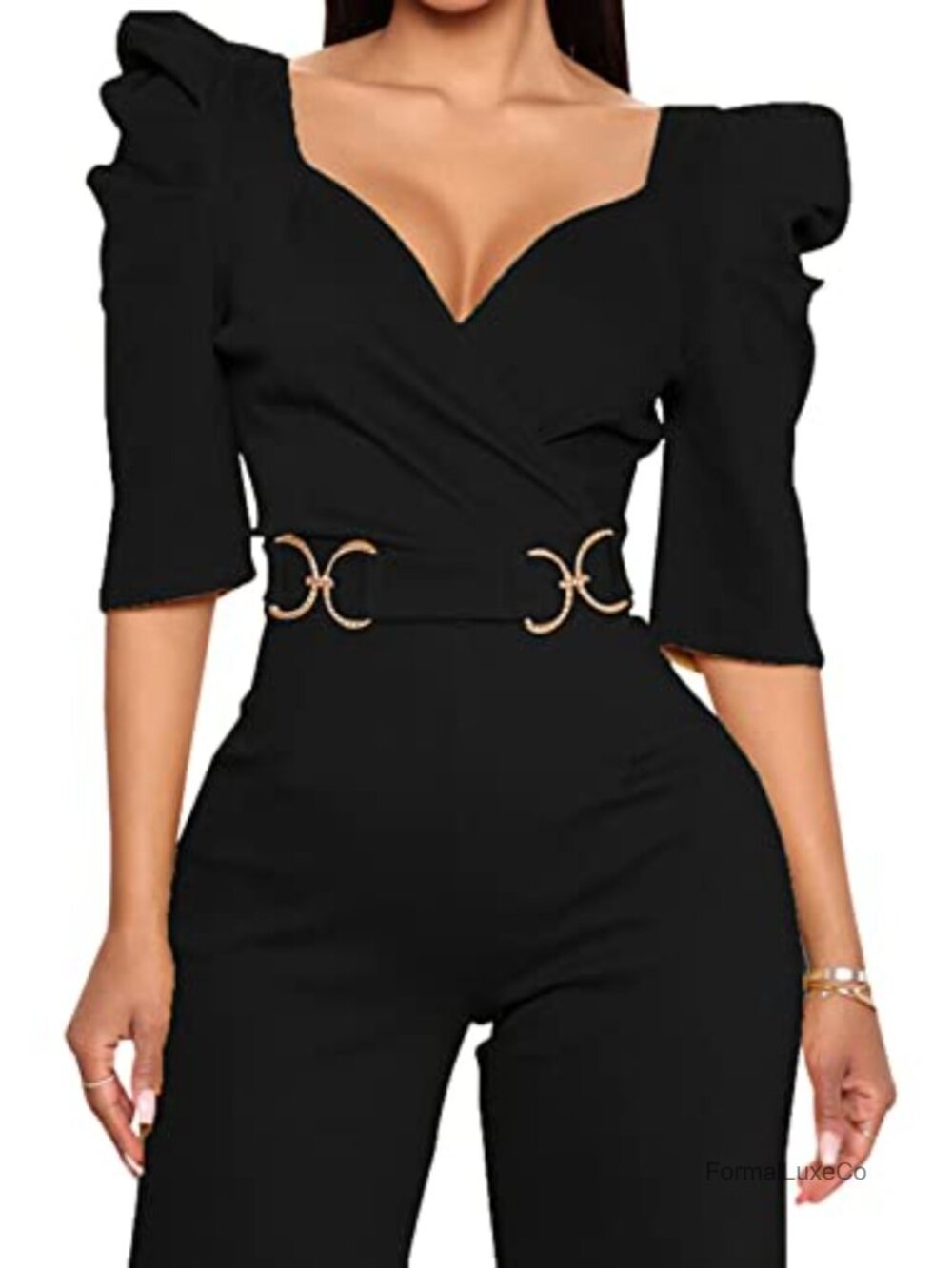 Women Deep V Neck Puff Sleeve Wide Leg Jumpsuit Belted Summer Party Romper